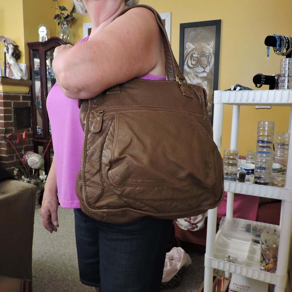 BLACK POPPY - deep bucket, shopper, purse w/shoulder straps  Brown